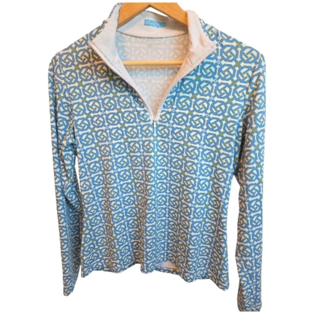 ​J. McLaughlin Blue Geo Link Print Catalina 1/4 Zip Long Sleeve Top Medium